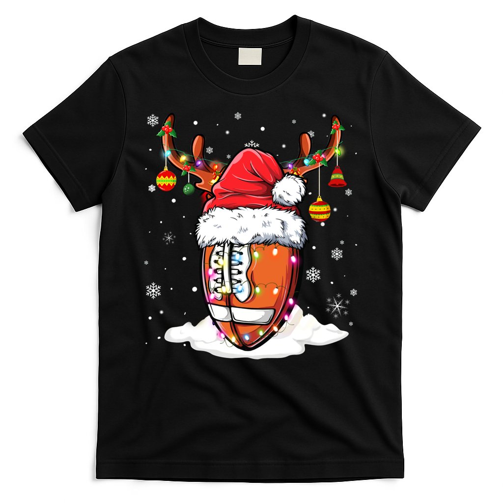 Football Ball Santa Hat Reindeer Christmas Lights Boys Mens T-Shirt