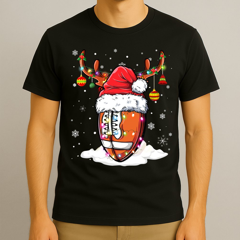 Football Ball Santa Hat Reindeer Christmas Lights Boys Mens T-Shirt
