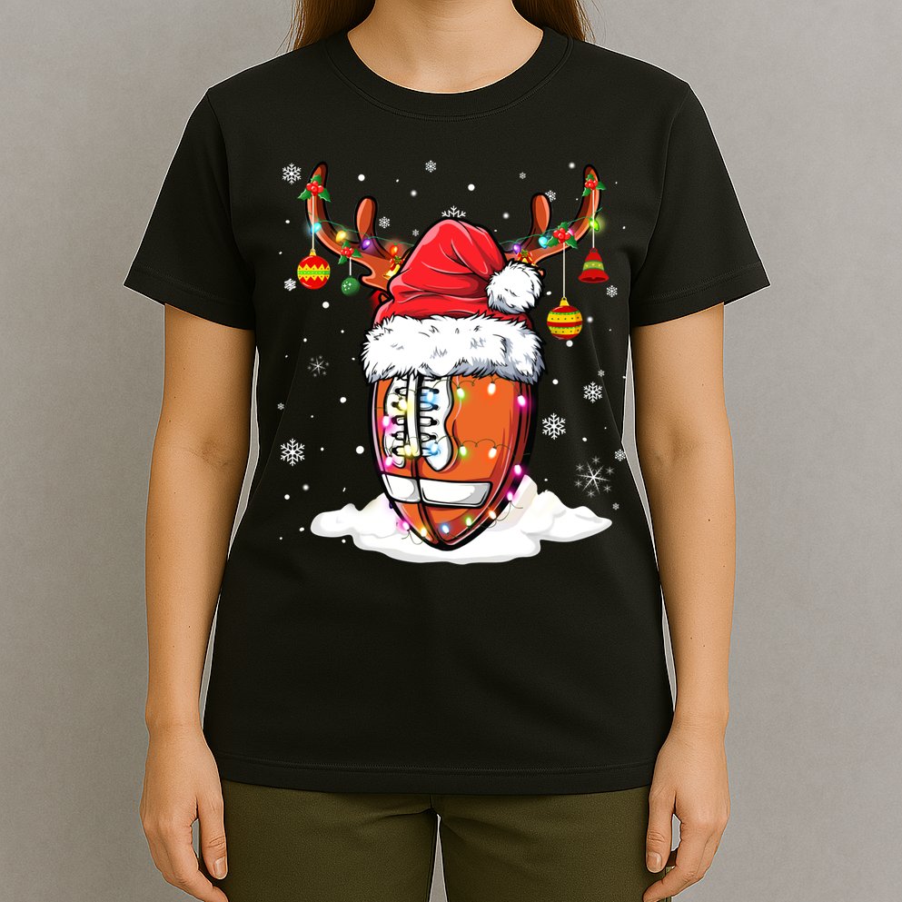 Football Ball Santa Hat Reindeer Christmas Lights Boys Mens T-Shirt