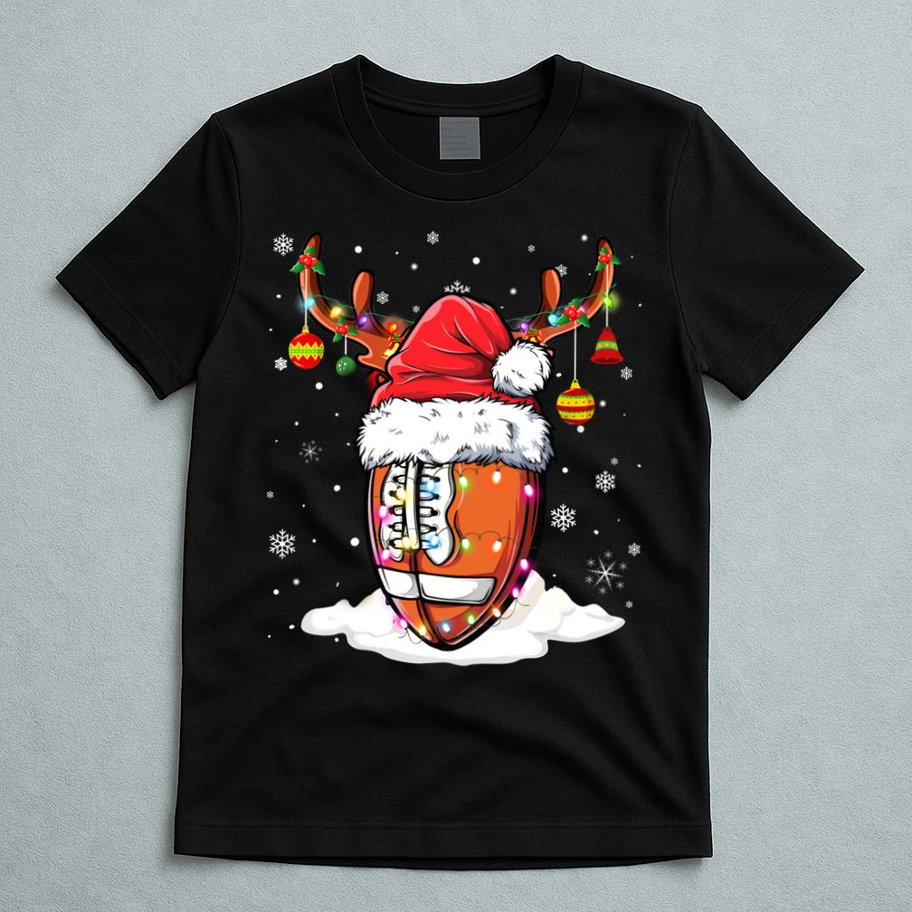 Football Ball Santa Hat Reindeer Christmas Lights Boys Mens T-Shirt