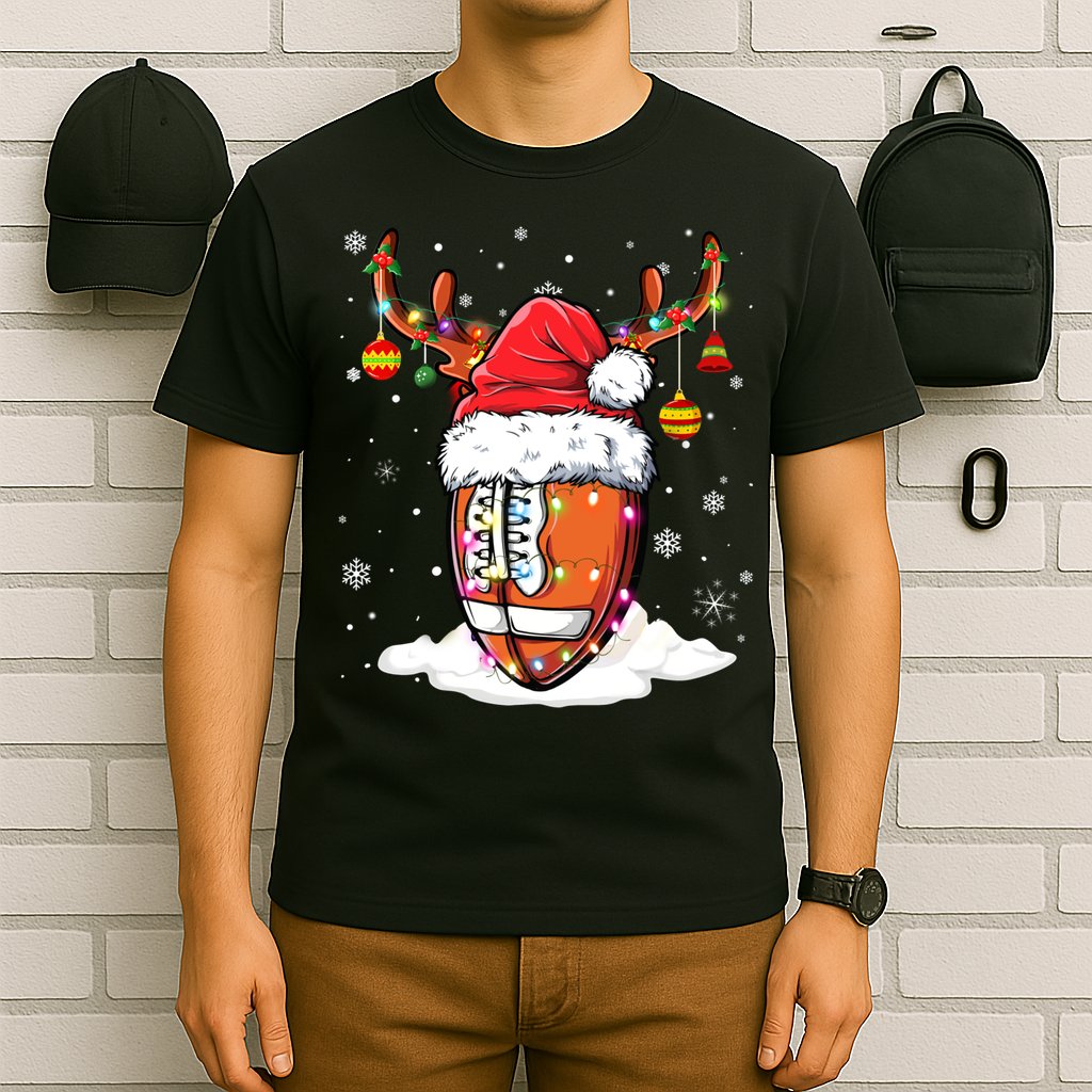 Football Ball Santa Hat Reindeer Christmas Lights Boys Mens T-Shirt