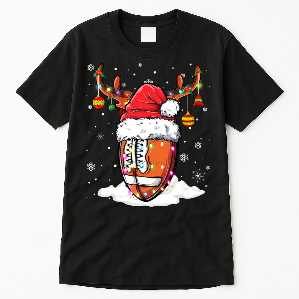 Football Ball Santa Hat Reindeer Christmas Lights Boys Mens Tall T-Shirt