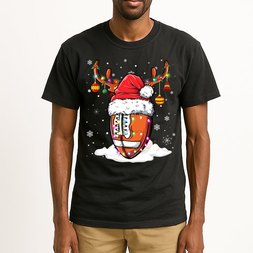 Football Ball Santa Hat Reindeer Christmas Lights Boys Mens Tall T-Shirt