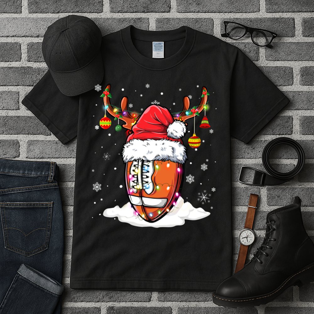 Football Ball Santa Hat Reindeer Christmas Lights Boys Mens Tall T-Shirt