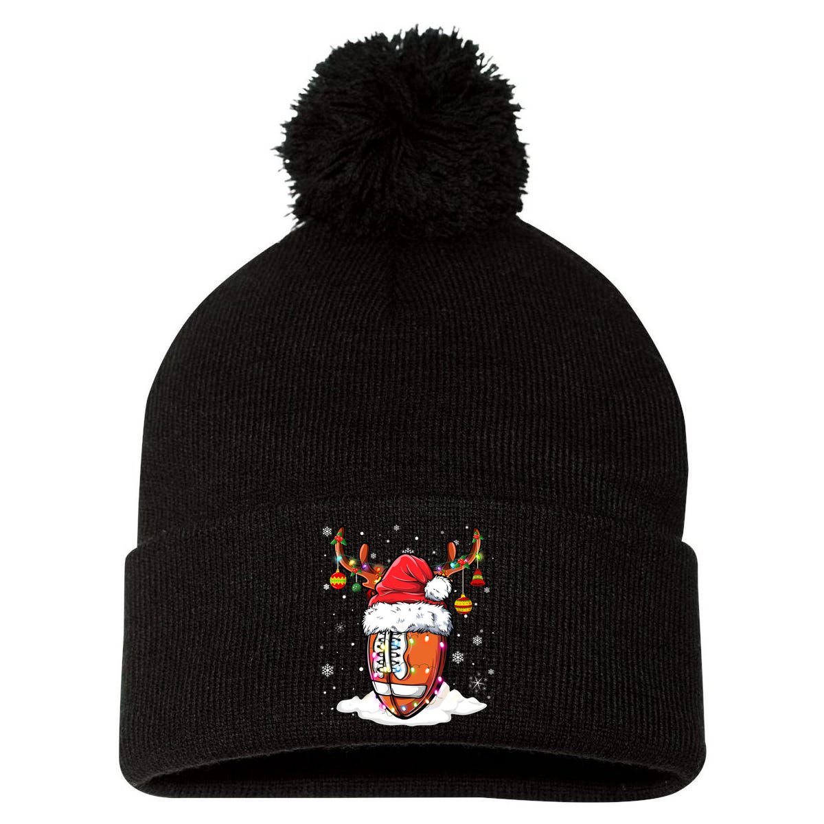 Football Ball Santa Hat Reindeer Christmas Lights Boys Mens Pom Pom 12in Knit Beanie
