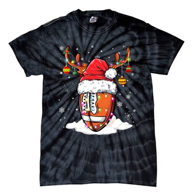 Football Ball Santa Hat Reindeer Christmas Lights Boys Mens Tie-Dye T-Shirt