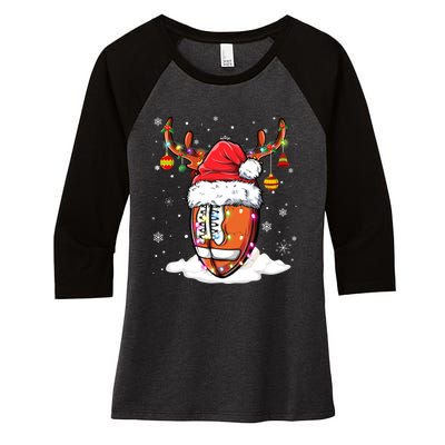 Football Ball Santa Hat Reindeer Christmas Lights Boys Mens Women's Tri-Blend 3/4-Sleeve Raglan Shirt