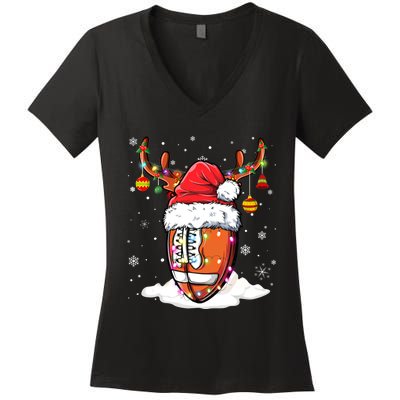 Football Ball Santa Hat Reindeer Christmas Lights Boys Mens Women's V-Neck T-Shirt