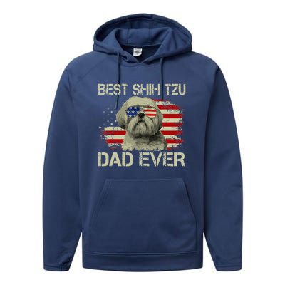 Funny Best Shih Tzu Dad Ever Dog Lover American Flag Gift Performance Fleece Hoodie