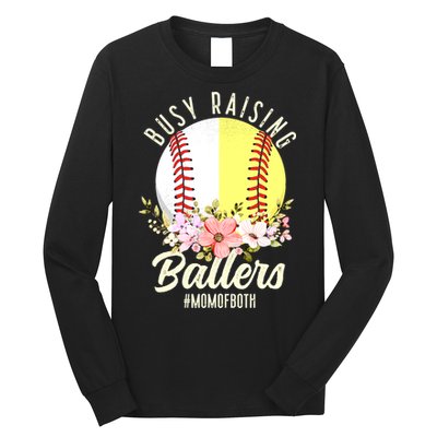 Funny Baseball Softball Mom Of Both Busy Raising Ballers Long Sleeve Shirt