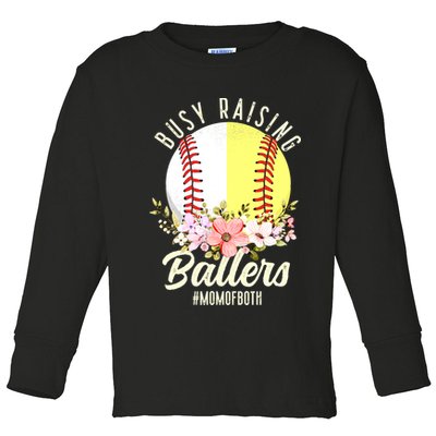 Funny Baseball Softball Mom Of Both Busy Raising Ballers Toddler Long Sleeve Shirt