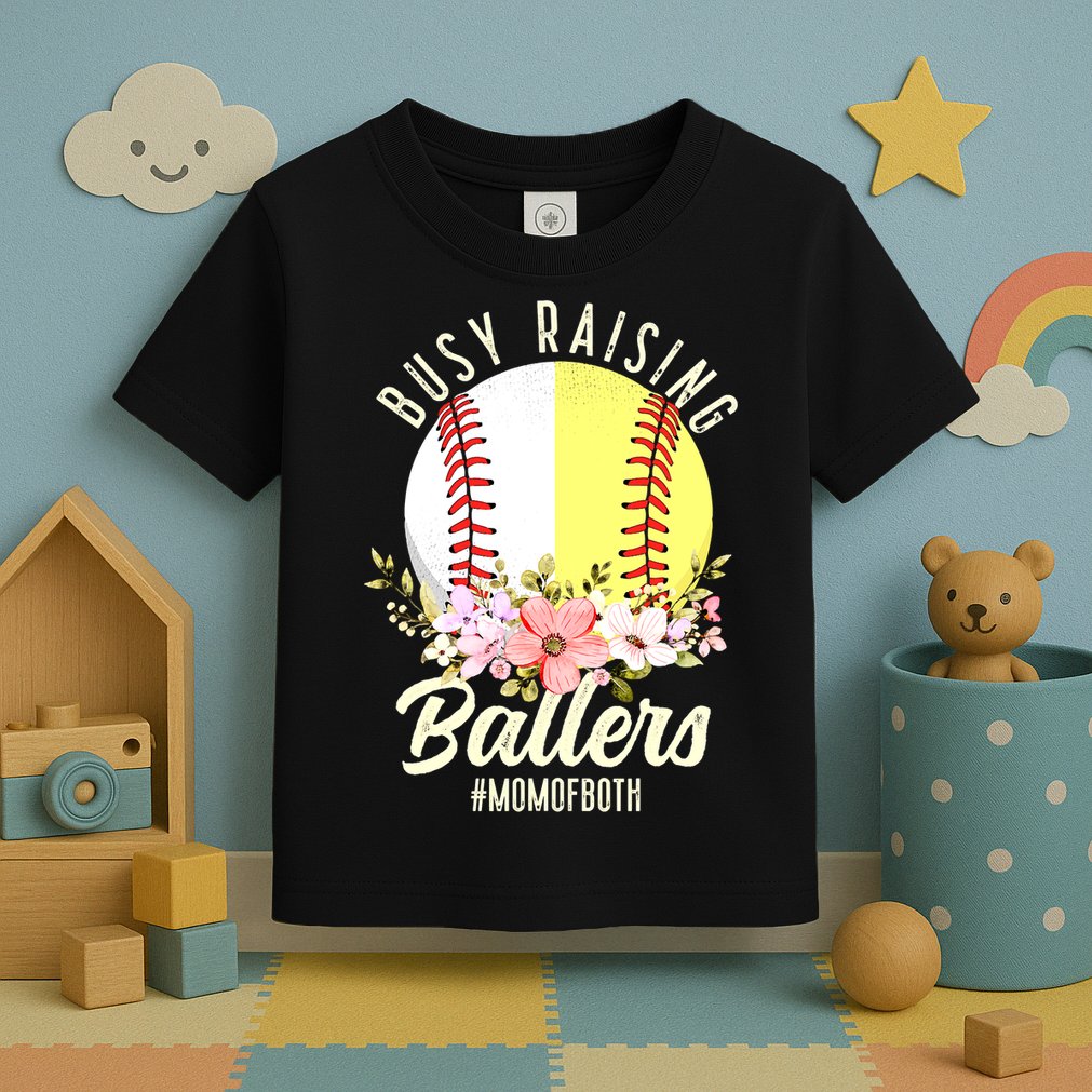 Funny Baseball Softball Mom Of Both Busy Raising Ballers Toddler T-Shirt