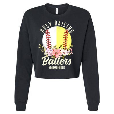 Funny Baseball Softball Mom Of Both Busy Raising Ballers Cropped Pullover Crew