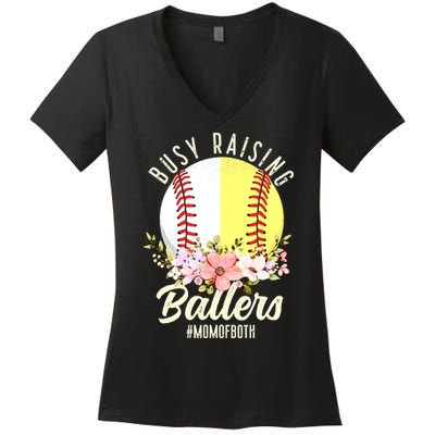 Funny Baseball Softball Mom Of Both Busy Raising Ballers Women's V-Neck T-Shirt