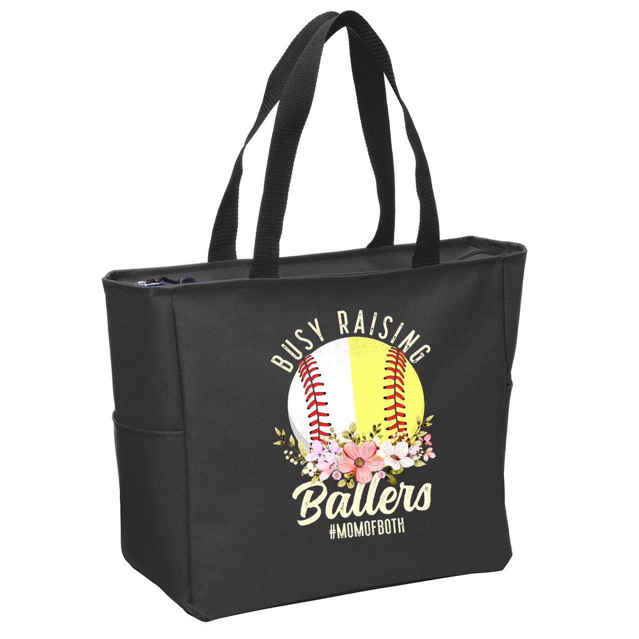 Funny Baseball Softball Mom Of Both Busy Raising Ballers Zip Tote Bag