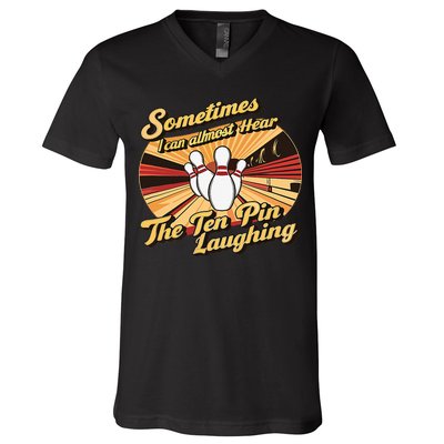 Funny Bowling Ten Pin Laughing V-Neck T-Shirt