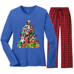 Funny Boston Terrier Dog Christmas Tree Lights Xmas Pajama Meaningful Gift Women's Long Sleeve Flannel Pajama Set 