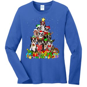 Funny Boston Terrier Dog Christmas Tree Lights Xmas Pajama Meaningful Gift Ladies Long Sleeve Shirt