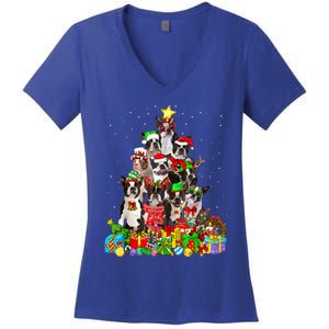 Funny Boston Terrier Dog Christmas Tree Lights Xmas Pajama Meaningful Gift Women's V-Neck T-Shirt