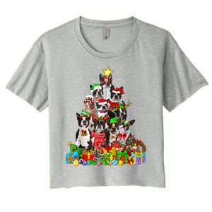 Funny Boston Terrier Dog Christmas Tree Lights Xmas Pajama Meaningful Gift Women's Crop Top Tee