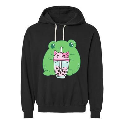 Frog Boba Tea Bubble Cat Cottagecore Frog Aesthetic Garment-Dyed Fleece Hoodie
