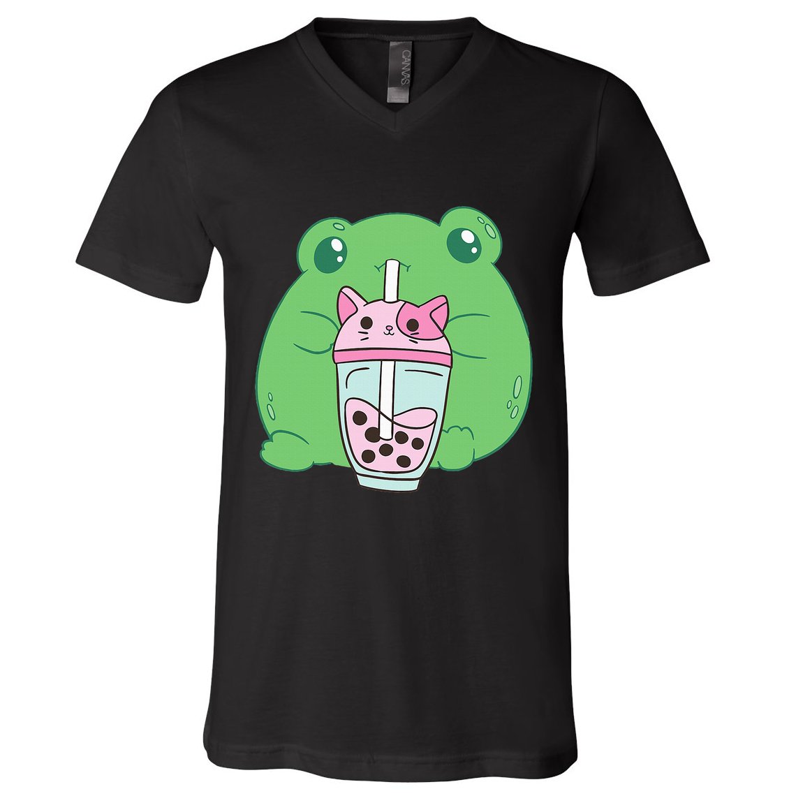 Frog Boba Tea Bubble Cat Cottagecore Frog Aesthetic V-Neck T-Shirt