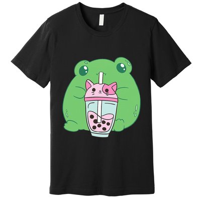 Frog Boba Tea Bubble Cat Cottagecore Frog Aesthetic Premium T-Shirt