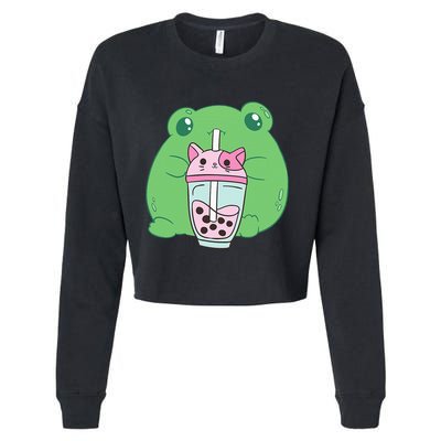 Frog Boba Tea Bubble Cat Cottagecore Frog Aesthetic Cropped Pullover Crew