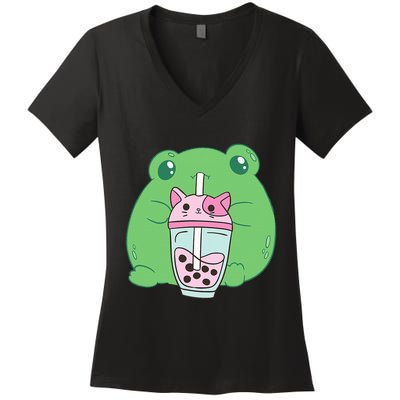 Frog Boba Tea Bubble Cat Cottagecore Frog Aesthetic Women's V-Neck T-Shirt