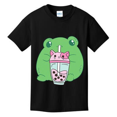 Frog Boba Tea Bubble Cat Cottagecore Frog Aesthetic Kids T-Shirt
