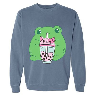 Frog Boba Tea Bubble Cat Cottagecore Frog Aesthetic Garment-Dyed Sweatshirt
