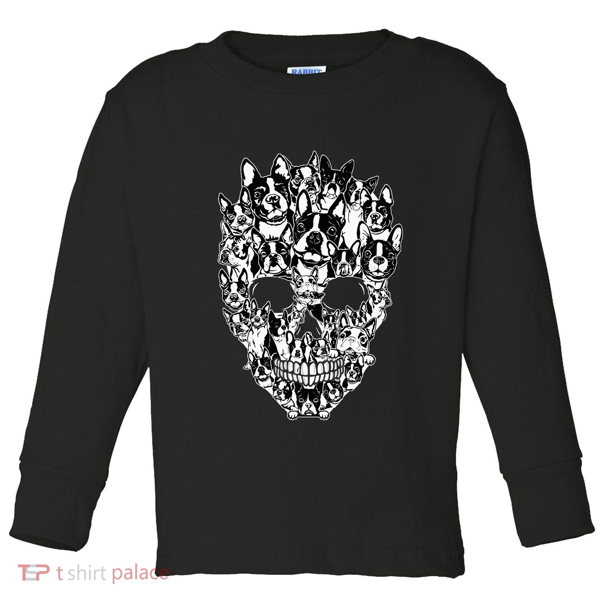 Funny Boston Terrier Skull Dog Skeleton Halloween Toddler Long Sleeve Shirt