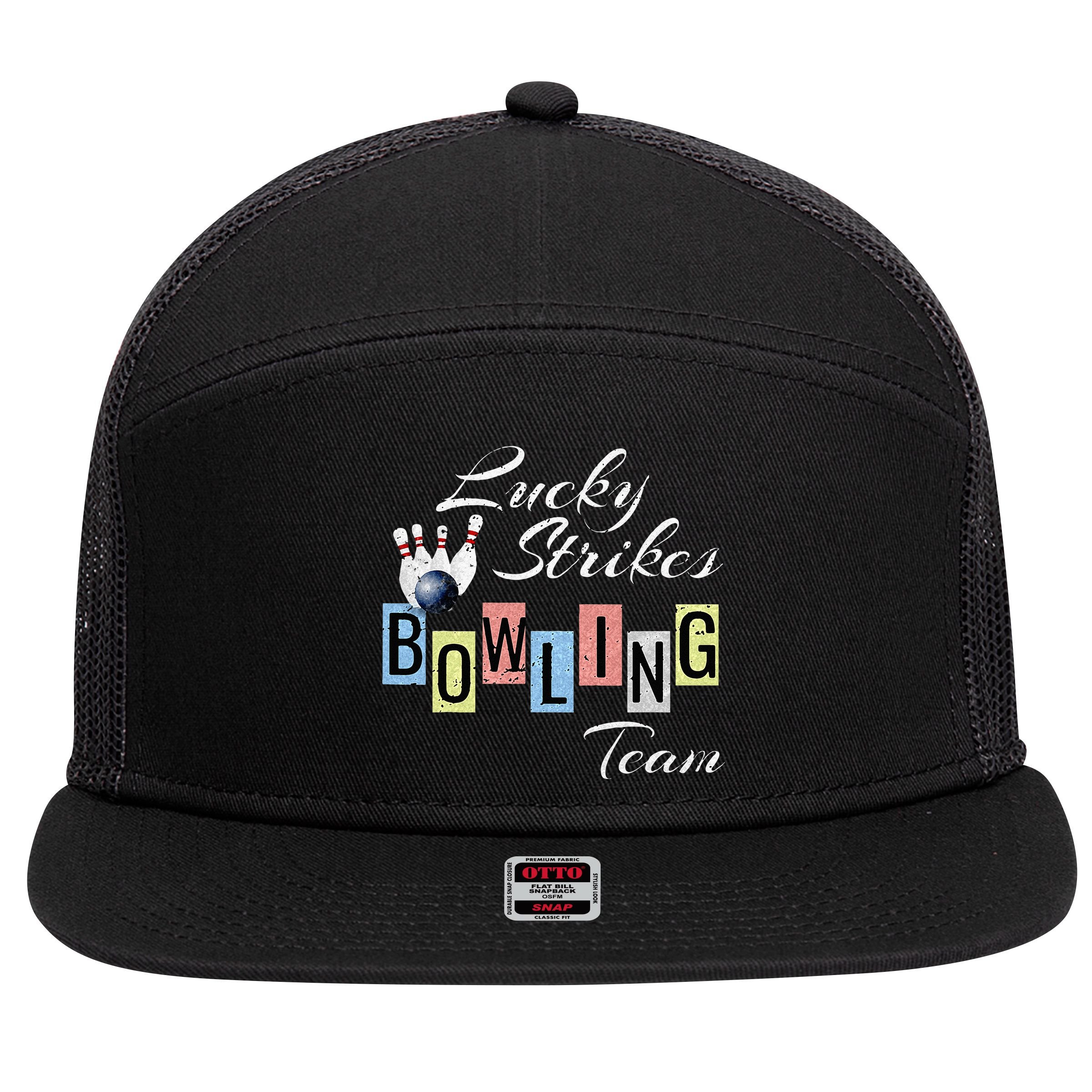 Funny Bowling Team Lucky Strikes Fun Bowler League 7 Panel Mesh Trucker Snapback Hat