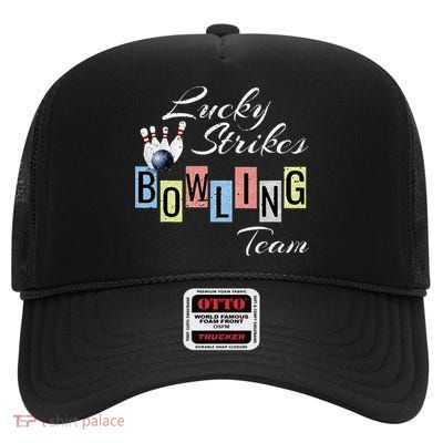 Funny Bowling Team Lucky Strikes Fun Bowler League High Crown Mesh Back Trucker Hat