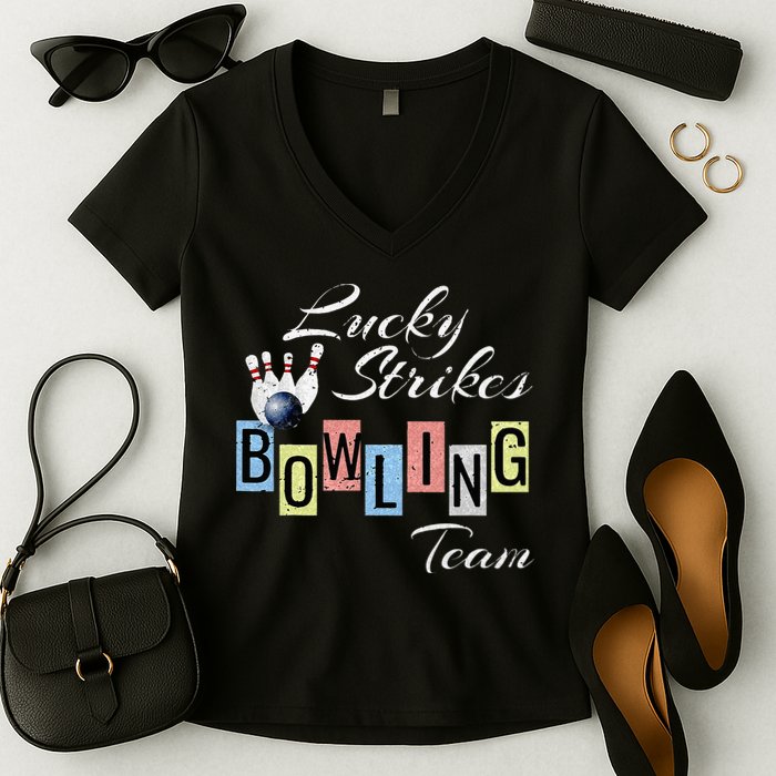 Funny Bowling Team Lucky Strikes Fun Bowler League Women's V-Neck T-Shirt