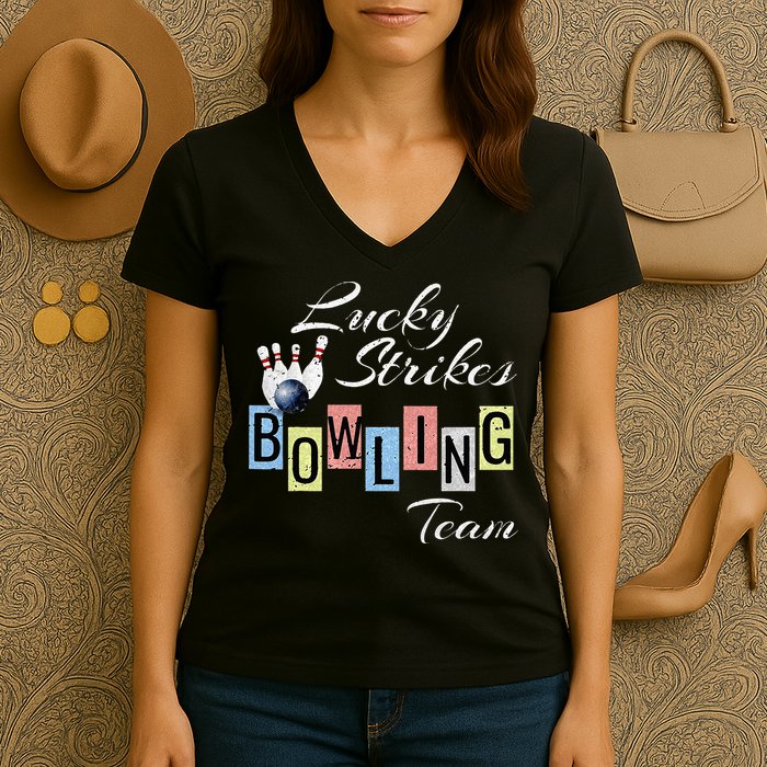 Funny Bowling Team Lucky Strikes Fun Bowler League Women's V-Neck T-Shirt
