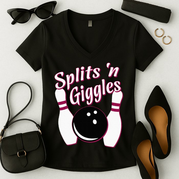 Funny Bowling Team Splits N Giggles Women's V-Neck T-Shirt