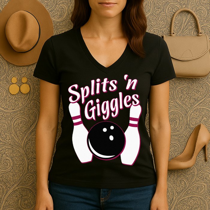 Funny Bowling Team Splits N Giggles Women's V-Neck T-Shirt