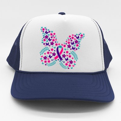 Flower Butterfly Thyroid Cancer Awareness Ribbon Funny Gift Great Gift Trucker Hat