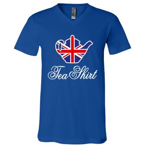 Funny British Tea Gift Uk Teapot Union Jack Flag Tea Pun Gift V-Neck T-Shirt