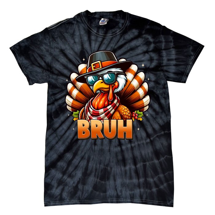 Funny Bruh Turkey Pilgrim Hat Thanksgiving Tie-Dye T-Shirt