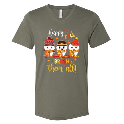 Fall Brush Them All Dental Dentist Squad Funny Thanksgiving V-Neck T-Shirt