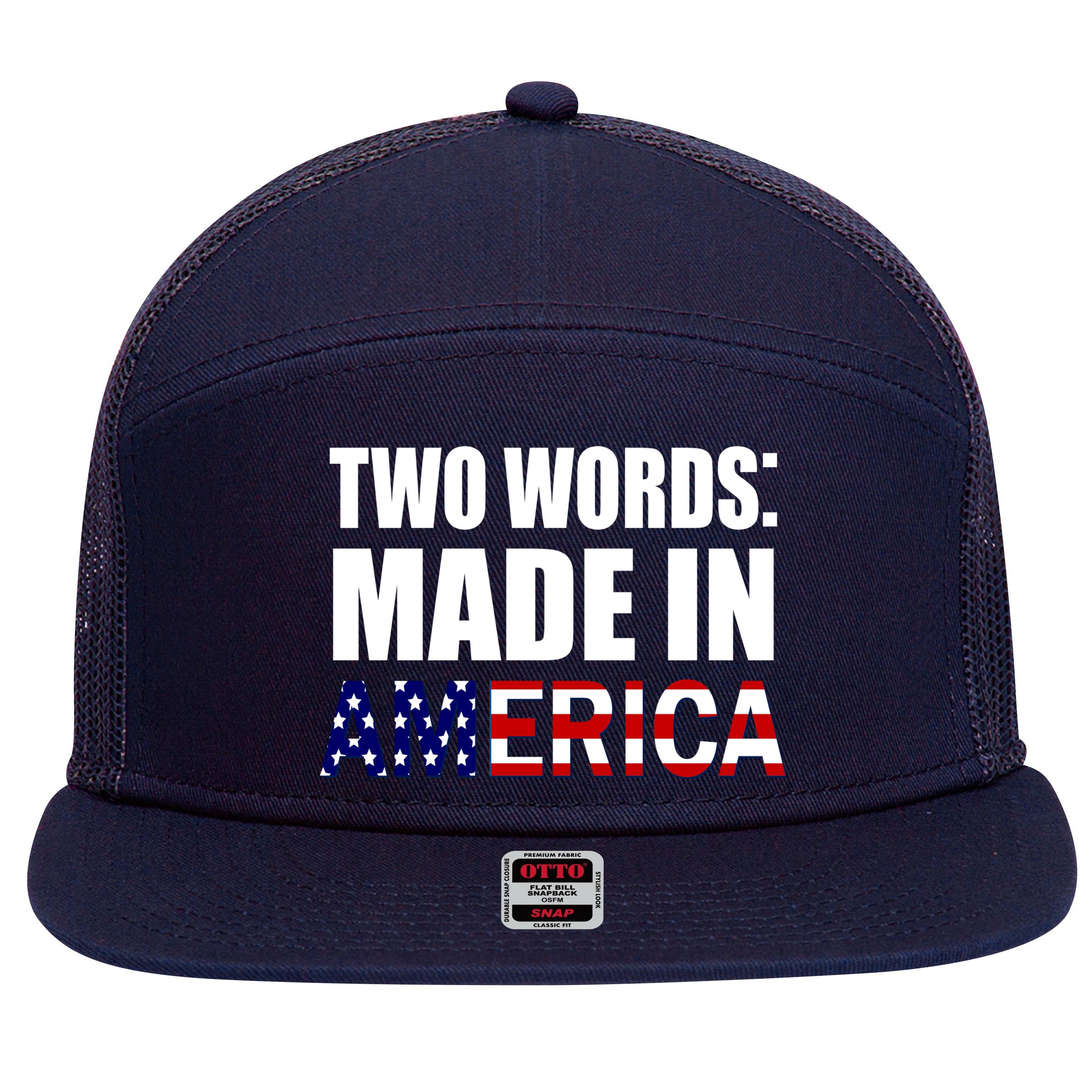 Funny Biden Two Words, Made In America 7 Panel Mesh Trucker Snapback Hat