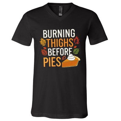 Funny Burning Thighs Before Pies Thanksgiving Family 2024 V-Neck T-Shirt