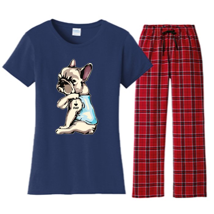 French Bulldog Tattoos I Love Dad Sitting Gift Fathers Day Women's Flannel Pajama Set