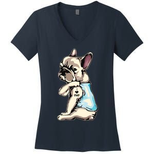 French Bulldog Tattoos I Love Dad Sitting Gift Fathers Day Women's V-Neck T-Shirt