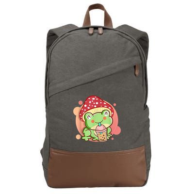 Frog Boba Tea Bubble Mushroom Hat Cottagecore Aesthetic Frog Cotton Canvas Backpack