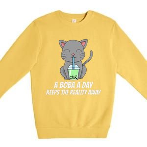 Funny Bubble Tea Cute Tee Cat Drinking Milk Tea Premium Crewneck Sweatshirt