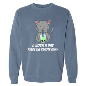 Funny Bubble Tea Cute Tee Cat Drinking Milk Tea Garment-Dyed Sweatshirt