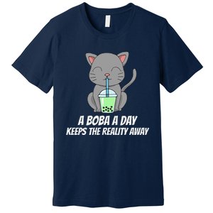 Funny Bubble Tea Cute Tee Cat Drinking Milk Tea Premium T-Shirt